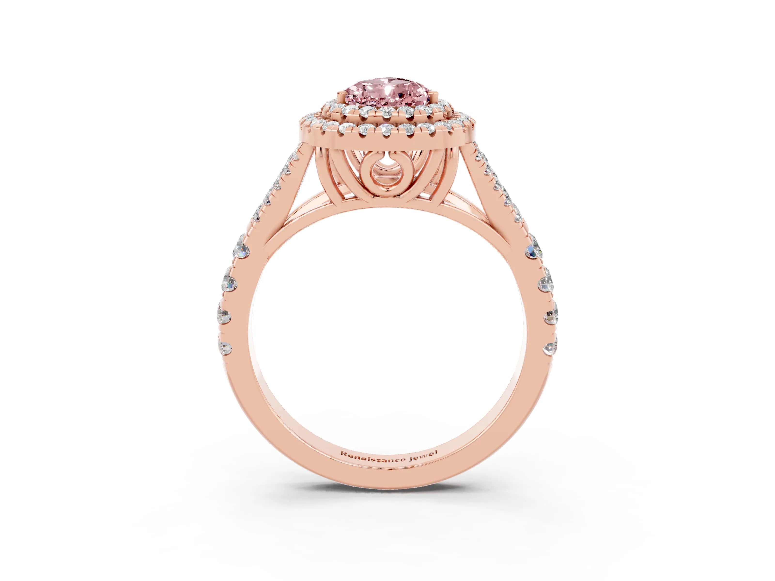 Rose gold Double Halo Pear Cut Morganite Split Shank Engagement Ring with Four-Prong Setting_3