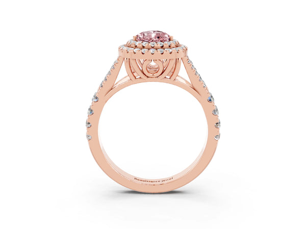 Rose gold Double Halo Pear Cut Morganite Split Shank Engagement Ring with Four-Prong Setting