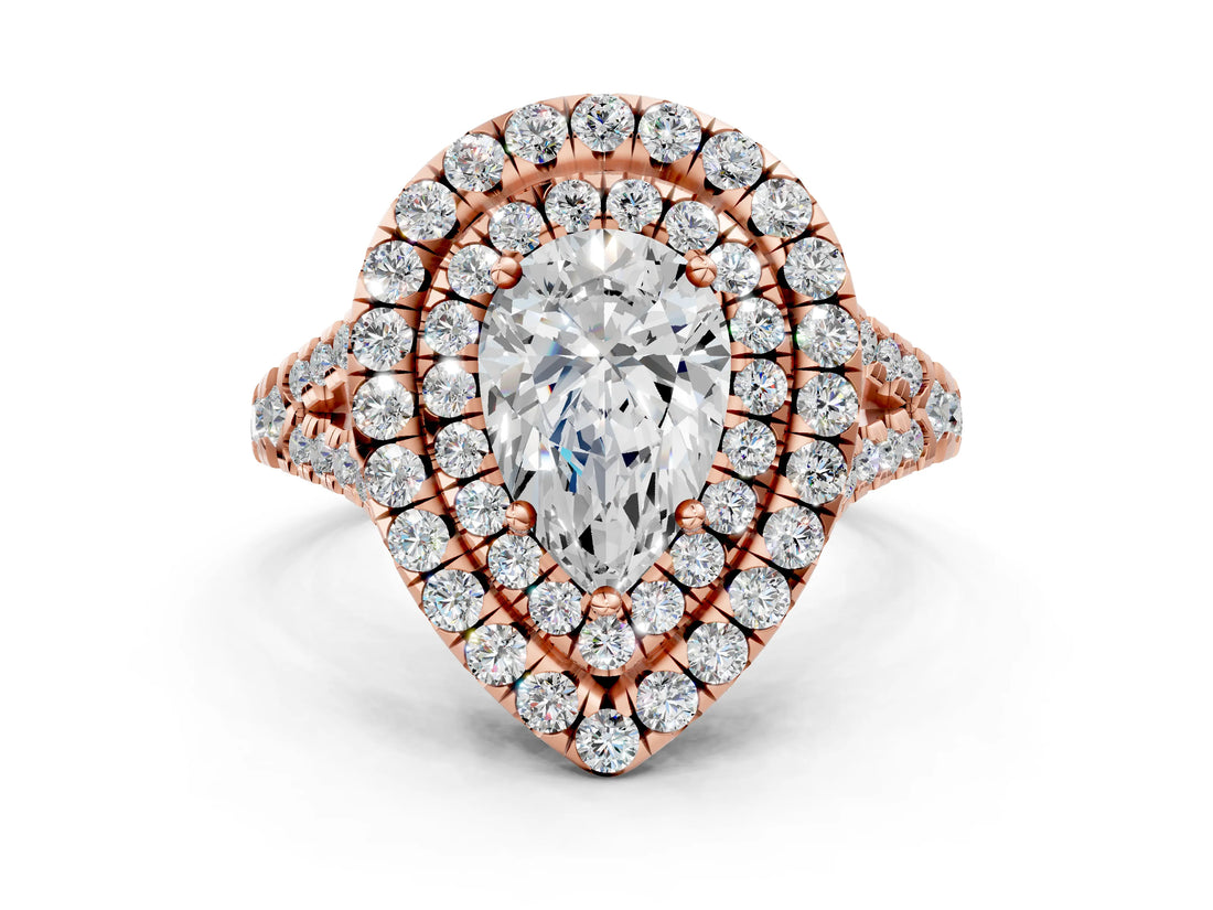 Rose gold Double Halo Pear Cut Pave Split Shank Prong Set Ring_15