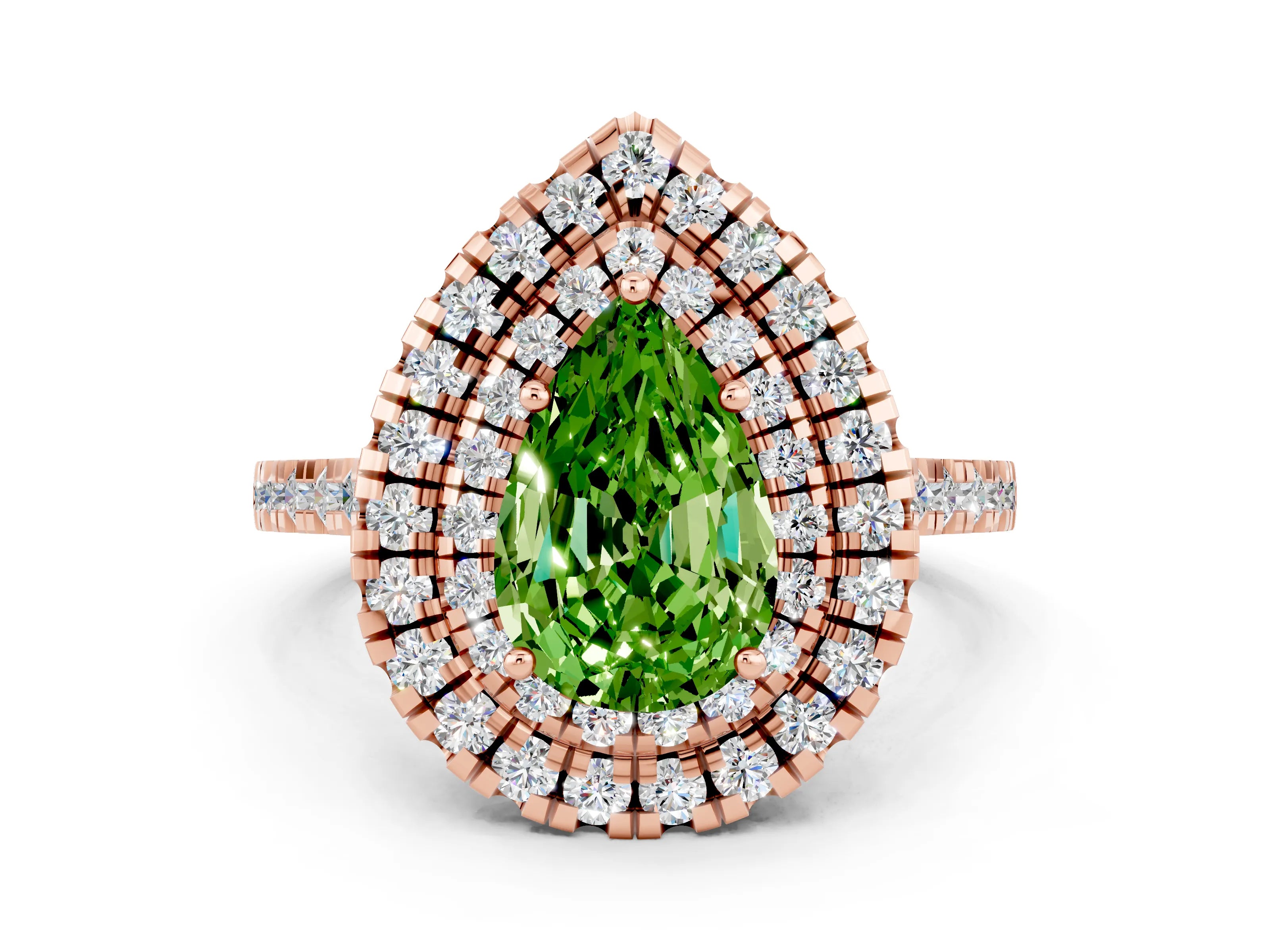 Rose gold Double Halo Pear Cut Peridot Pavé Band with Four-Prong Setting