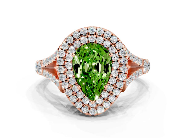 Rose gold Double Halo Pear Cut Peridot Pavé Split Shank Ring with Prong Setting