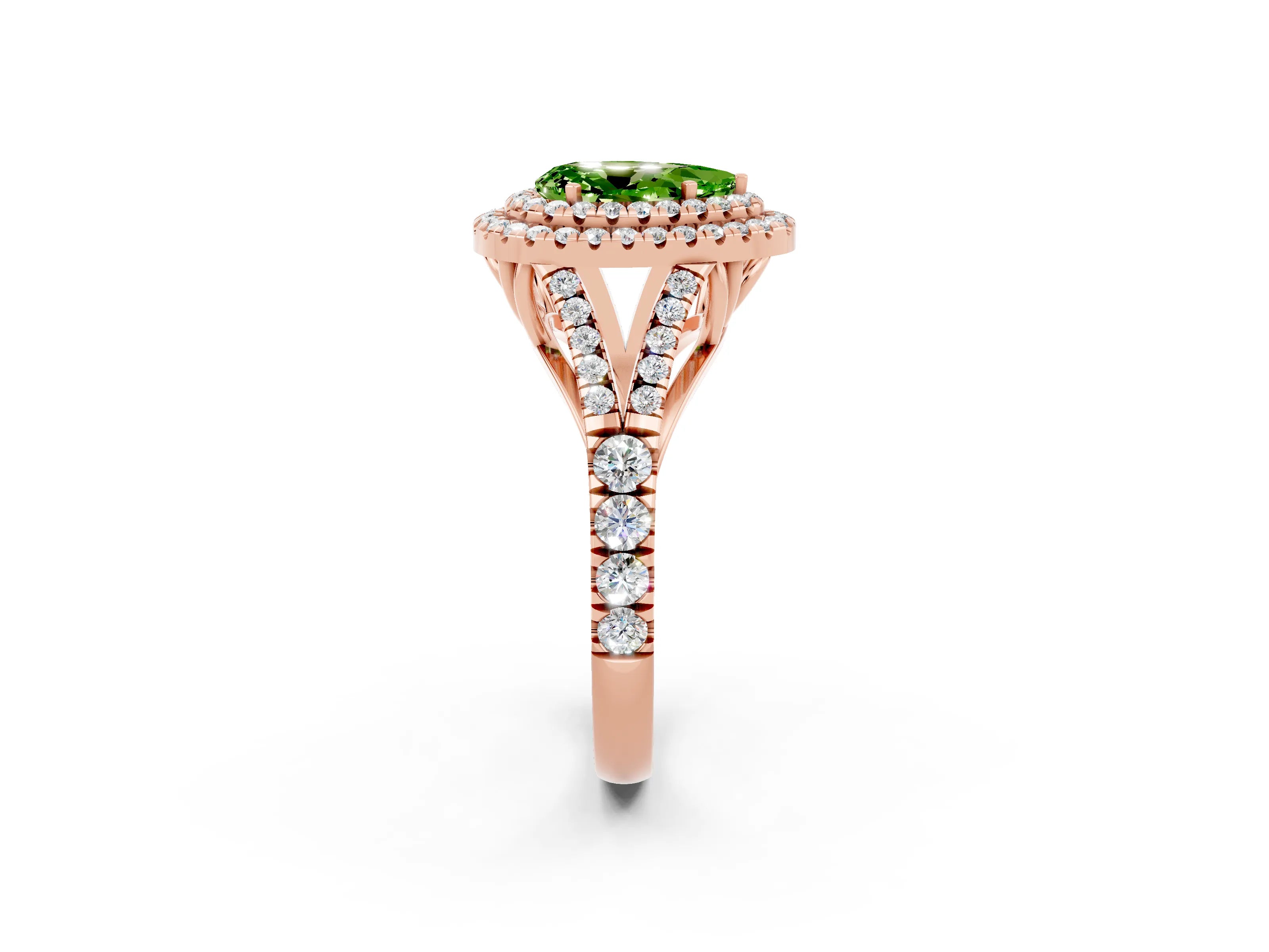 Rose gold Double Halo Pear Cut Peridot Pavé Split Shank Ring with Prong Setting_2
