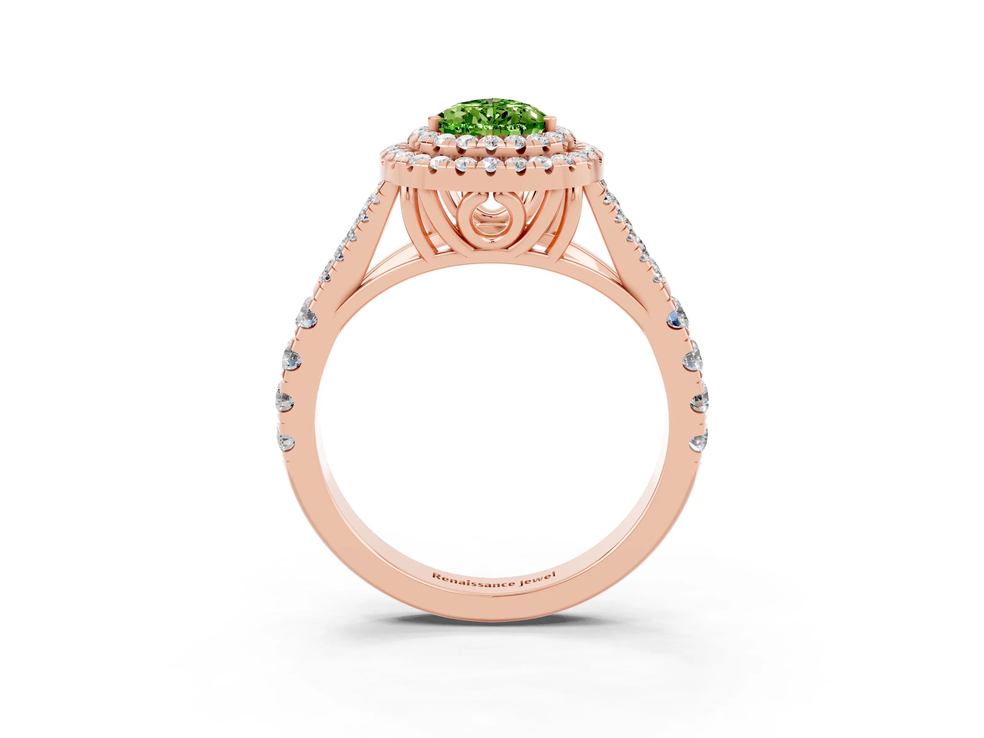 Rose gold Double Halo Pear Cut Peridot Pavé Split Shank Ring with Prong Setting_3