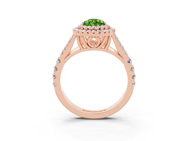 Rose gold Double Halo Pear Cut Peridot Pavé Split Shank Ring with Prong Setting