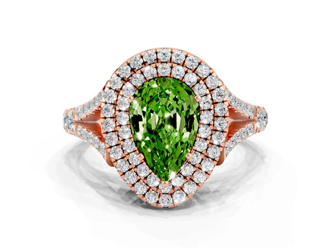 Rose gold Double Halo Pear Cut Peridot Pavé Split Shank Ring with Prong Setting
