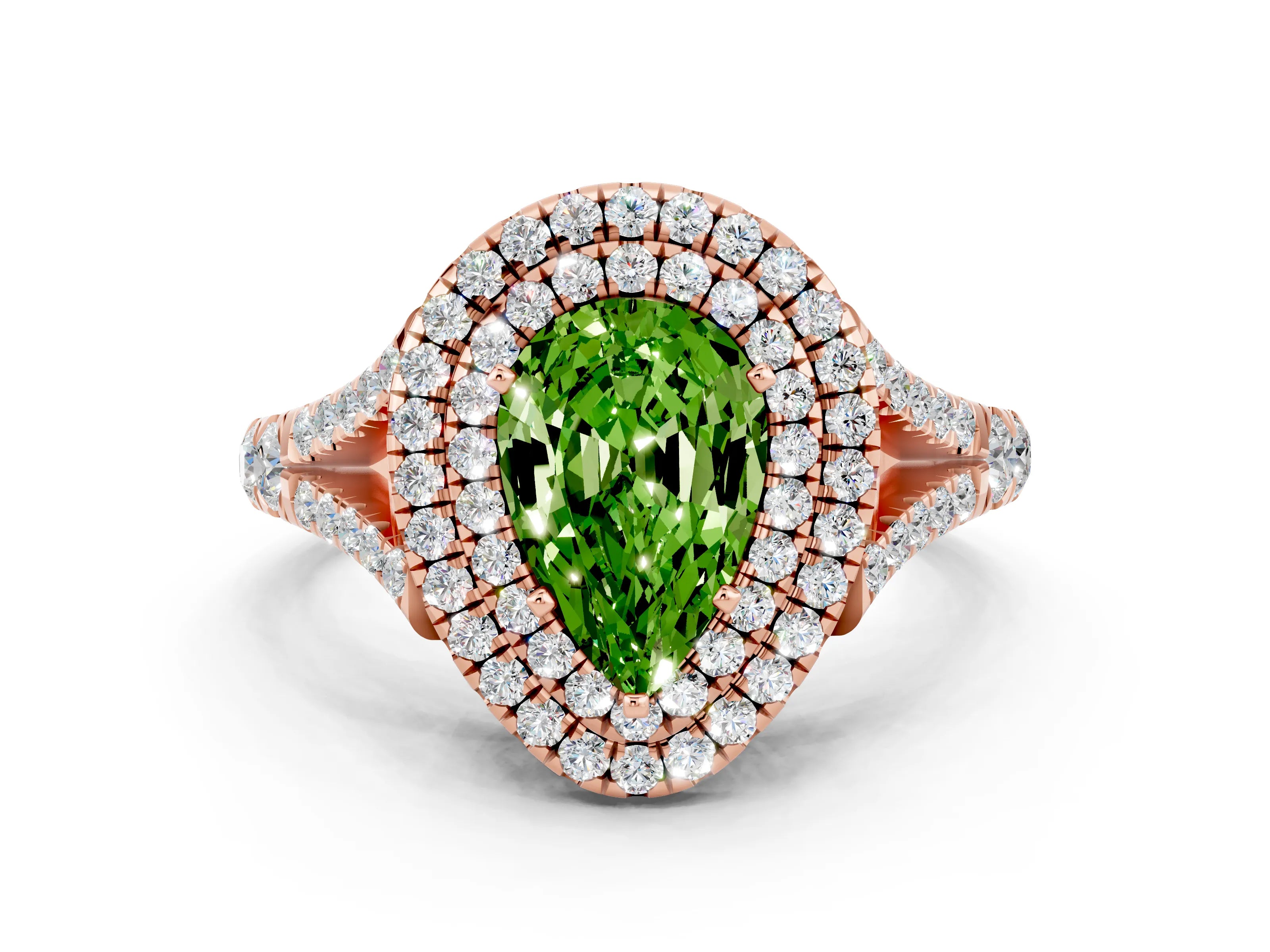 Rose gold Double Halo Pear Cut Peridot Split Shank Engagement Ring with Four-Prong Setting