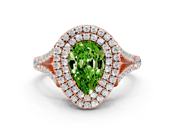 Rose gold Double Halo Pear Cut Peridot Split Shank Engagement Ring with Four-Prong Setting