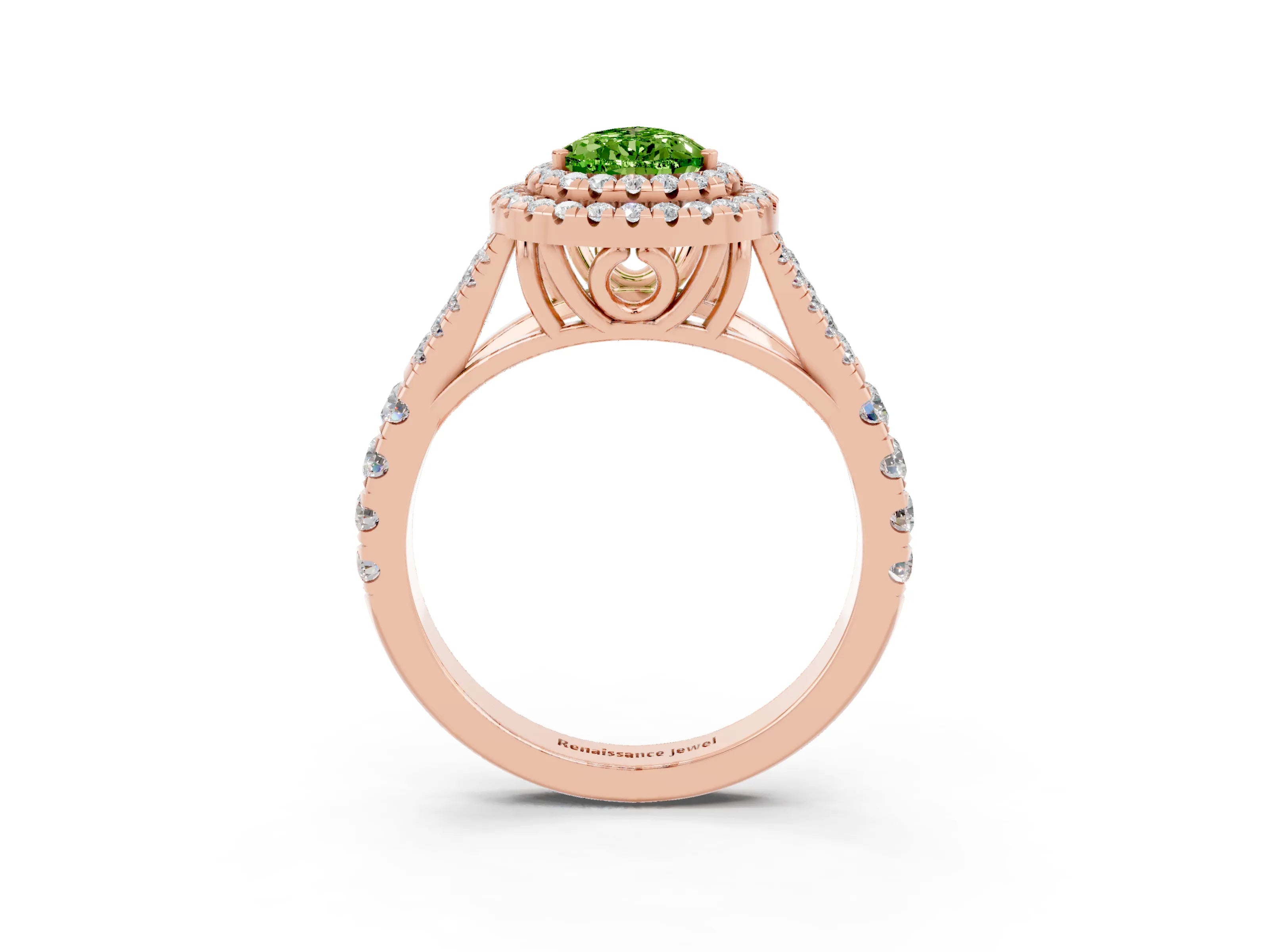 Rose gold Double Halo Pear Cut Peridot Split Shank Engagement Ring with Four-Prong Setting_3