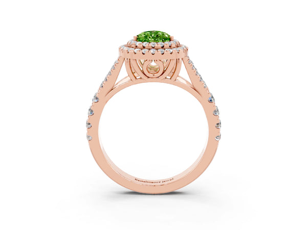Rose gold Double Halo Pear Cut Peridot Split Shank Engagement Ring with Four-Prong Setting