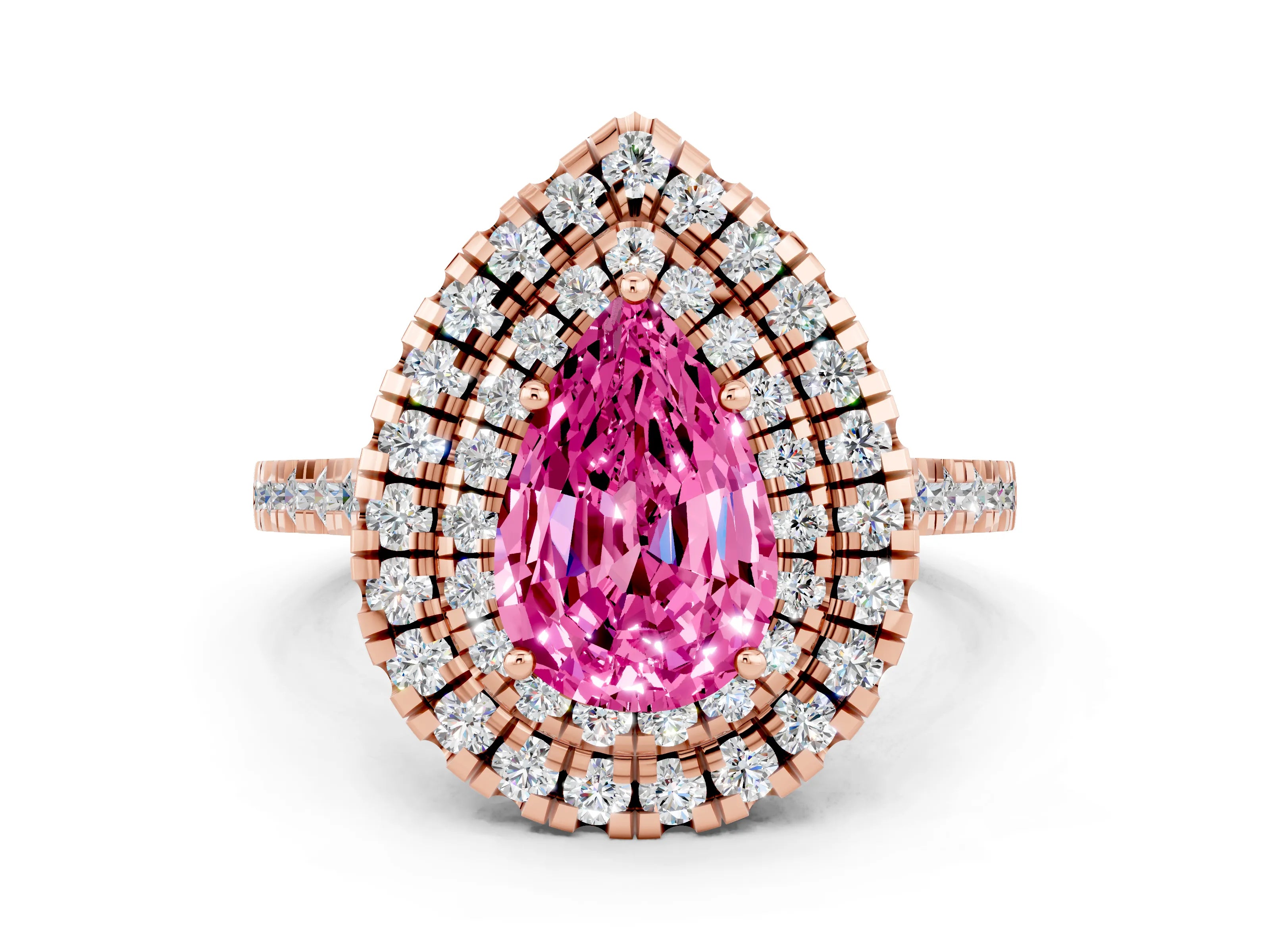 Rose gold Double Halo Pear Cut Pink Sapphire Pavé Band with Four-Prong Setting_24