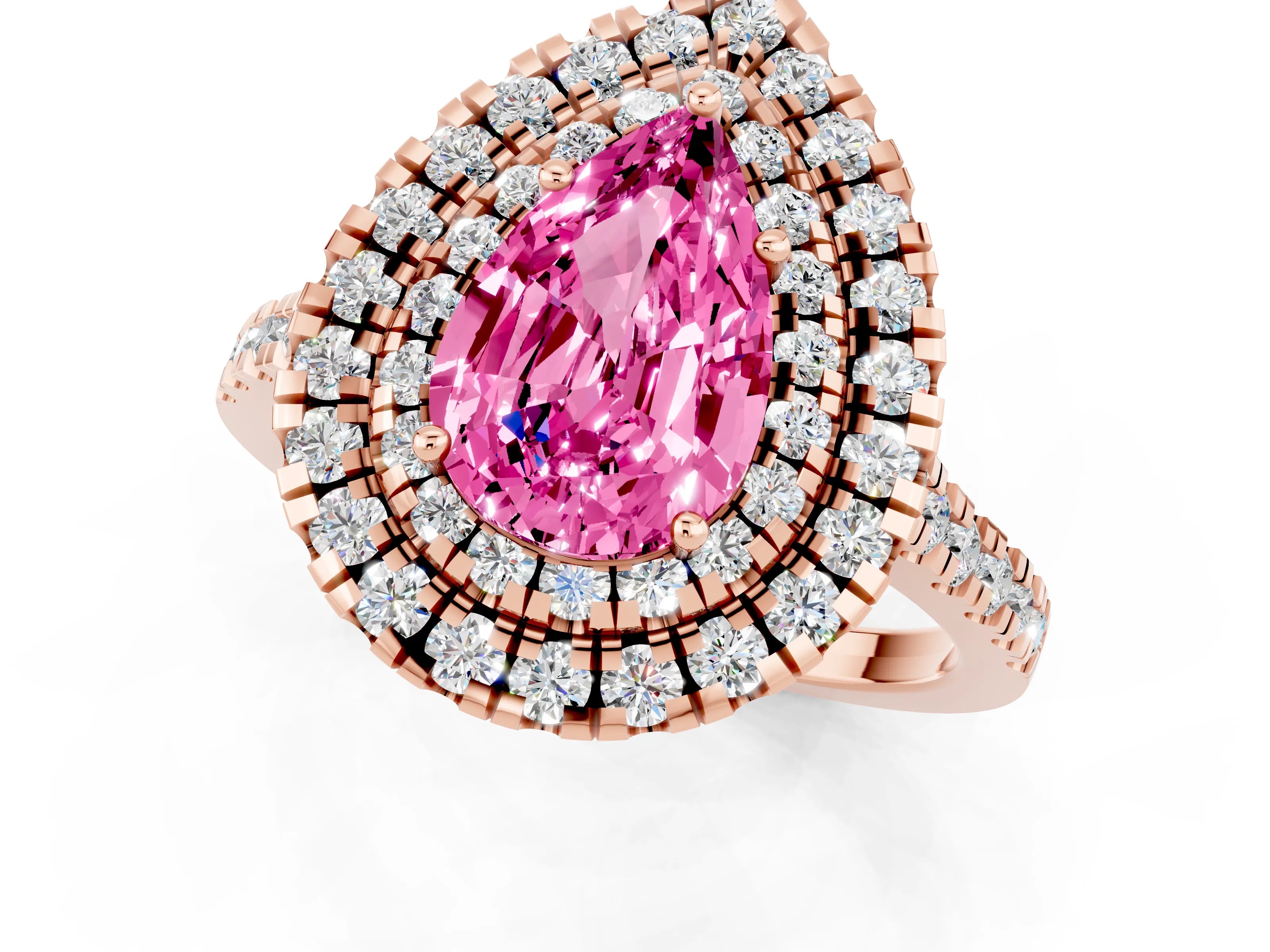 Rose gold Double Halo Pear Cut Pink Sapphire Pavé Band with Four-Prong Setting_25