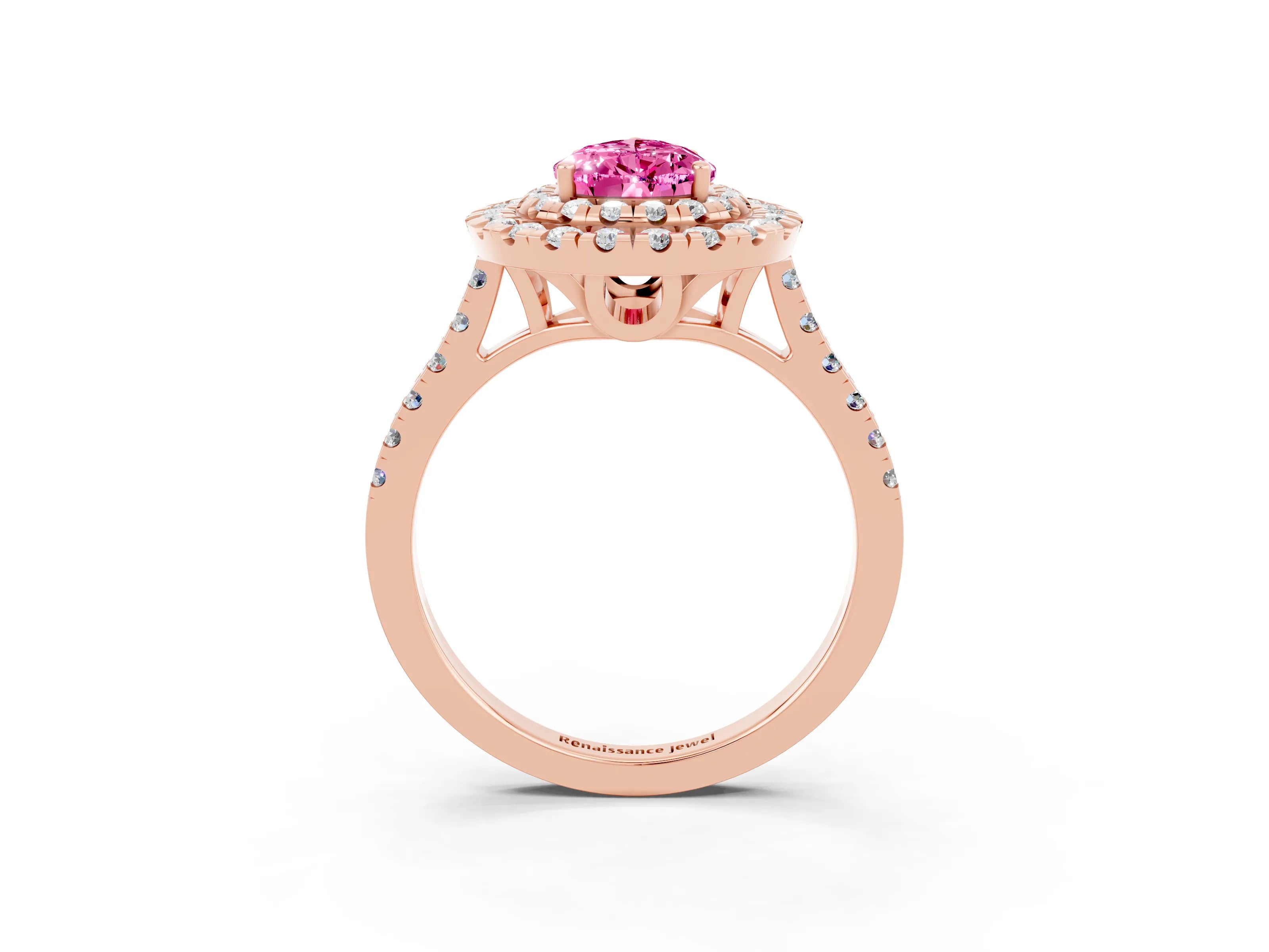 Rose gold Double Halo Pear Cut Pink Sapphire Pavé Band with Four-Prong Setting_27