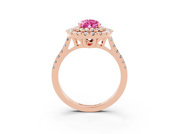 Rose gold Double Halo Pear Cut Pink Sapphire Pavé Band with Four-Prong Setting