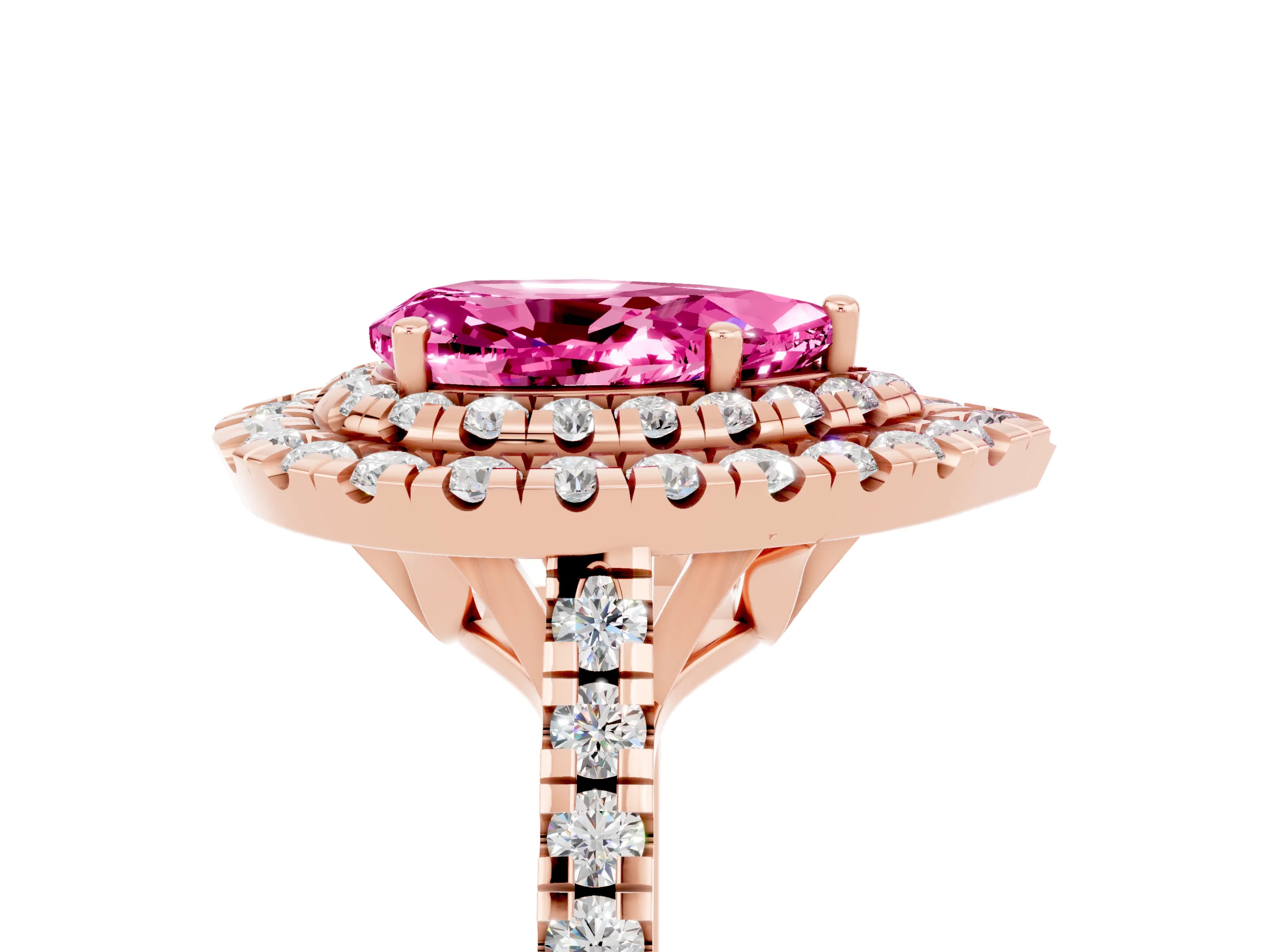 Rose gold Double Halo Pear Cut Pink Sapphire Pavé Band with Four-Prong Setting_29