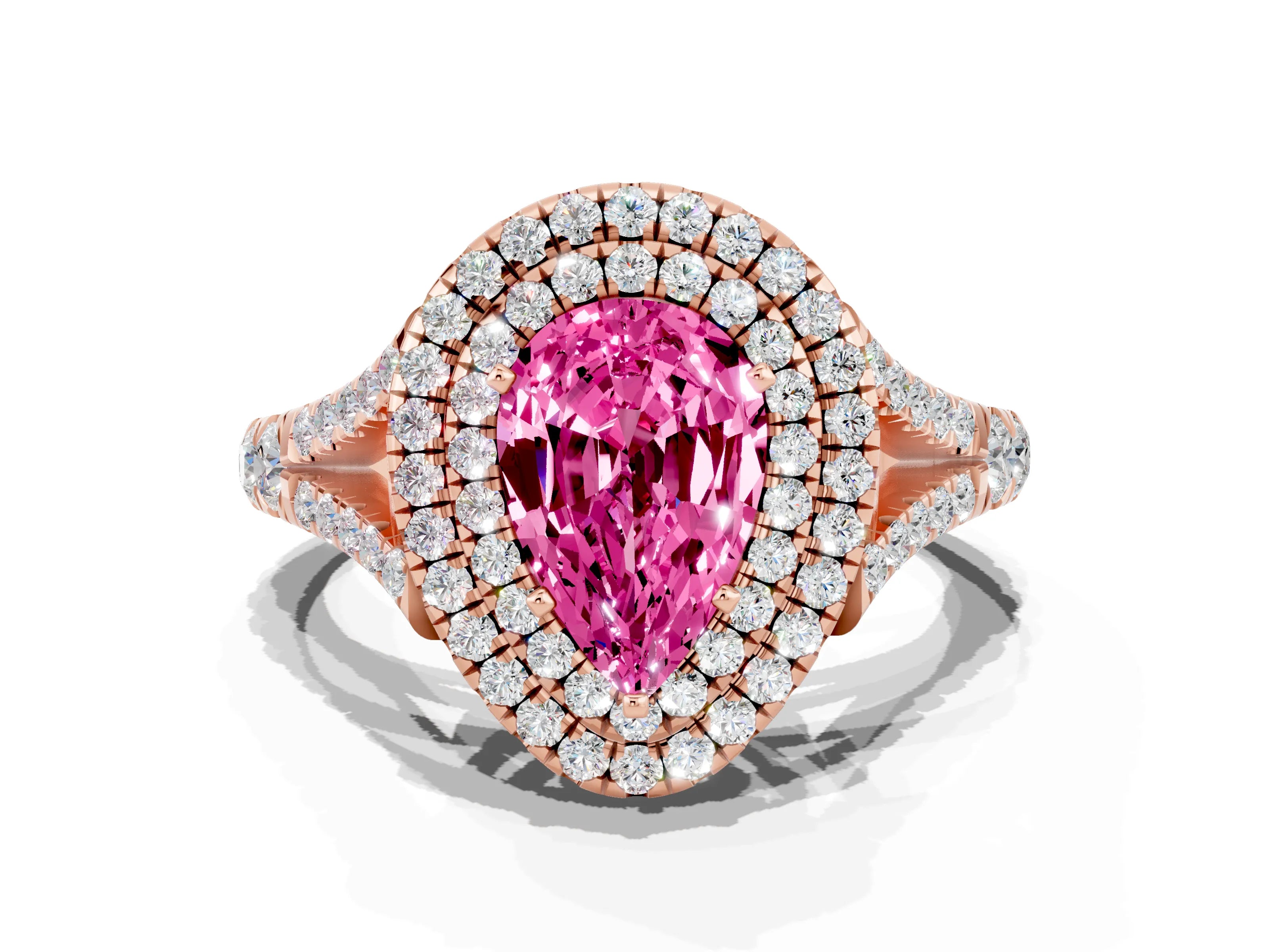 Rose gold Double Halo Pear Cut Pink Sapphire Pavé Split Shank Ring with Prong Setting