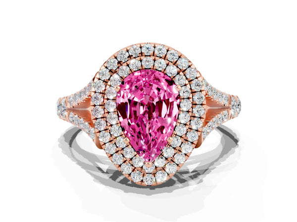 Rose gold Double Halo Pear Cut Pink Sapphire Pavé Split Shank Ring with Prong Setting