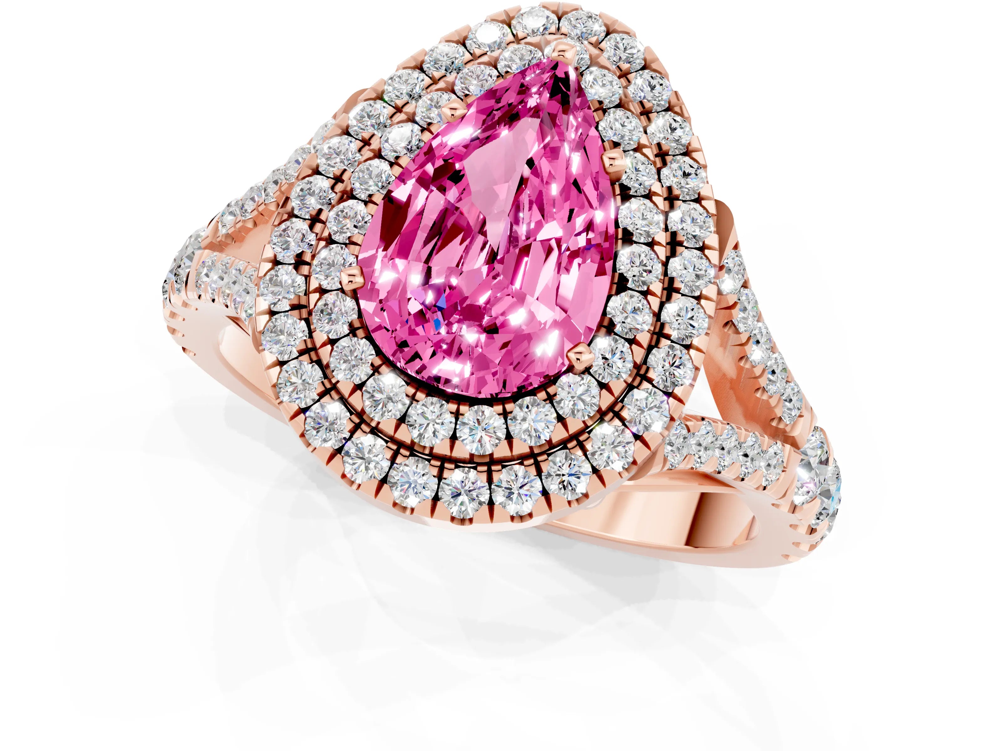 Rose gold Double Halo Pear Cut Pink Sapphire Pavé Split Shank Ring with Prong Setting_1