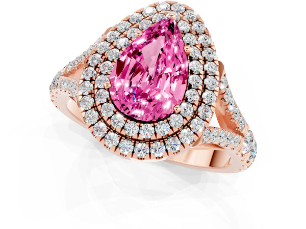 Rose gold Double Halo Pear Cut Pink Sapphire Pavé Split Shank Ring with Prong Setting