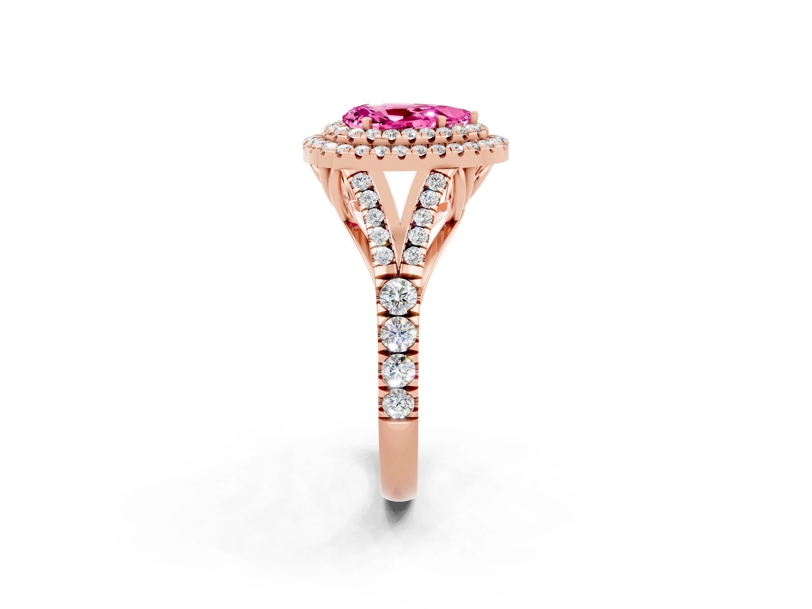 Rose gold Double Halo Pear Cut Pink Sapphire Pavé Split Shank Ring with Prong Setting_2