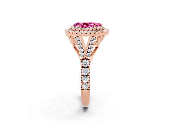 Rose gold Double Halo Pear Cut Pink Sapphire Pavé Split Shank Ring with Prong Setting