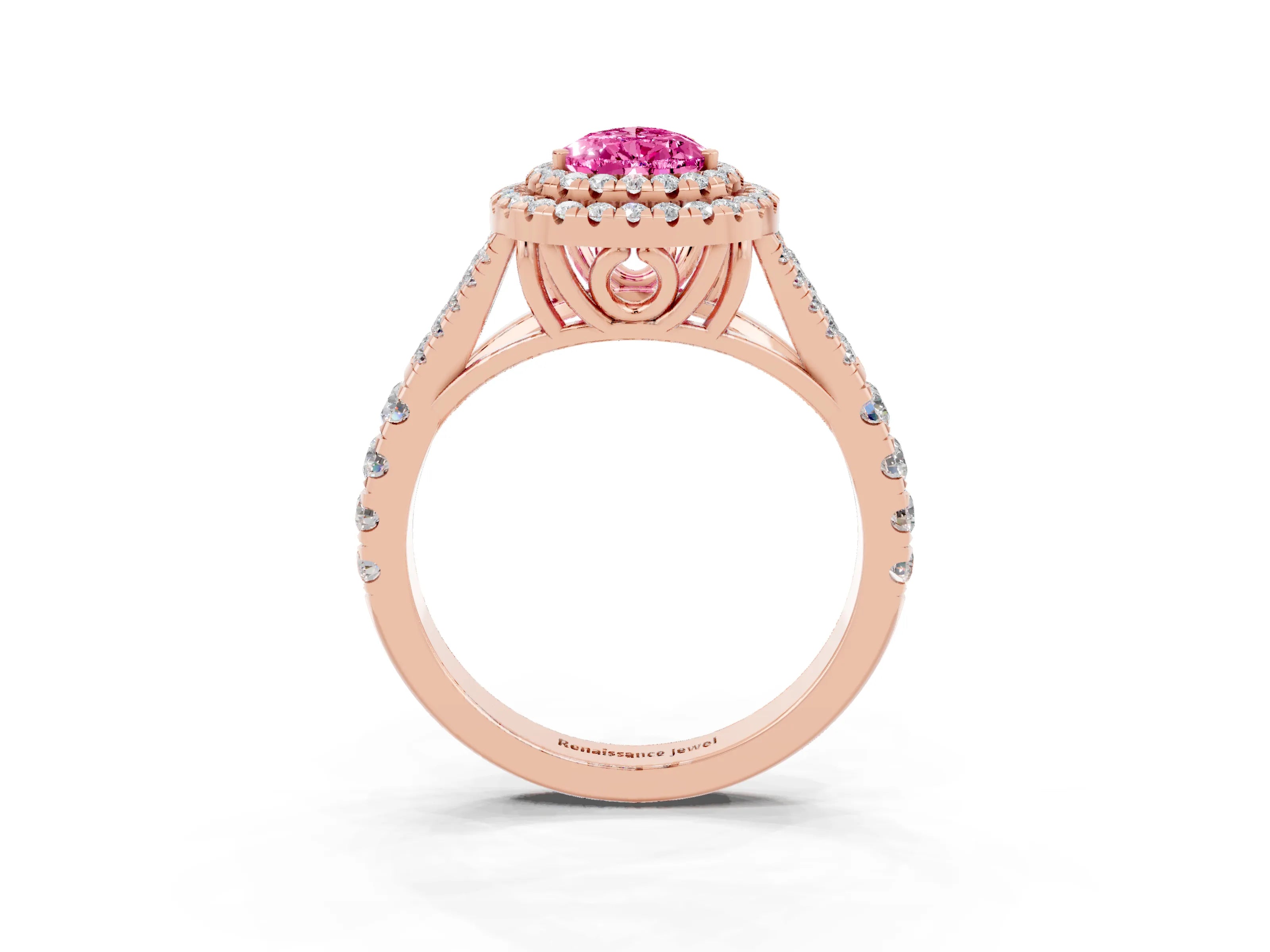 Rose gold Double Halo Pear Cut Pink Sapphire Pavé Split Shank Ring with Prong Setting_3