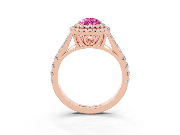 Rose gold Double Halo Pear Cut Pink Sapphire Pavé Split Shank Ring with Prong Setting