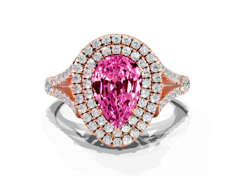 Rose gold Double Halo Pear Cut Pink Sapphire Pavé Split Shank Ring with Prong Setting
