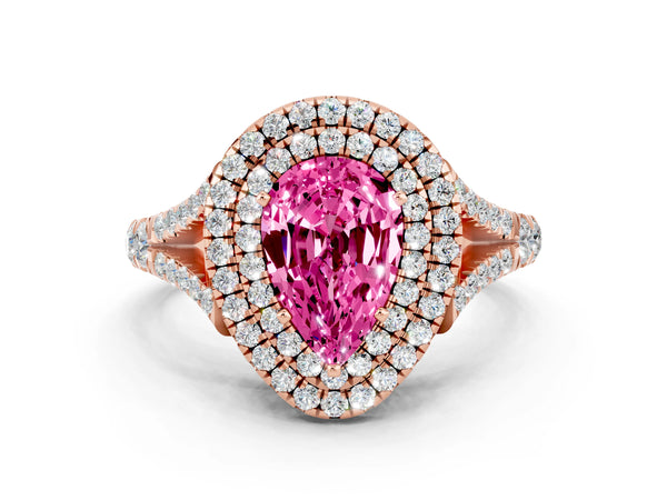 Rose gold Double Halo Pear Cut Pink Sapphire Split Shank Engagement Ring with Four-Prong Setting