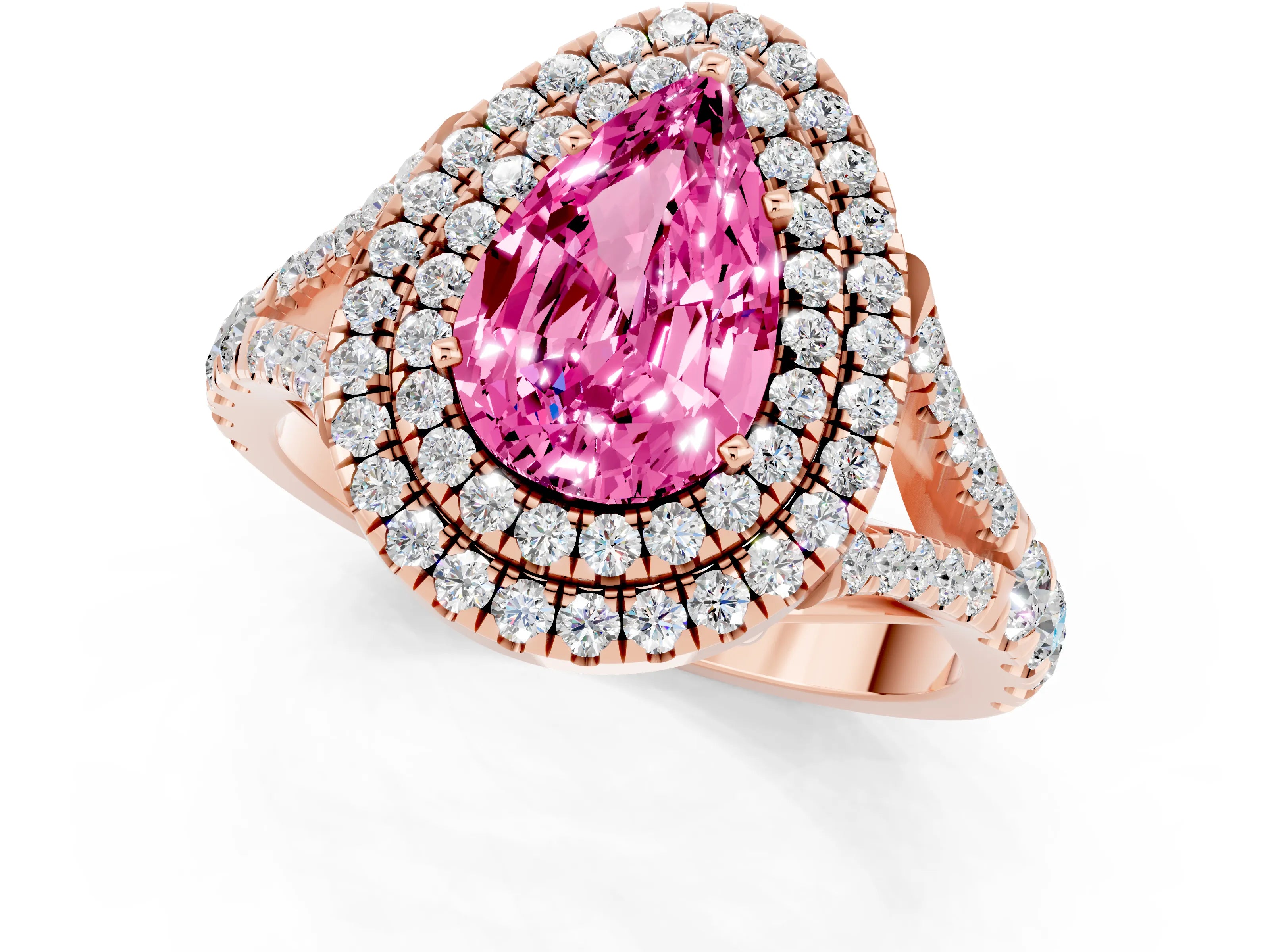 Rose gold Double Halo Pear Cut Pink Sapphire Split Shank Engagement Ring with Four-Prong Setting_1
