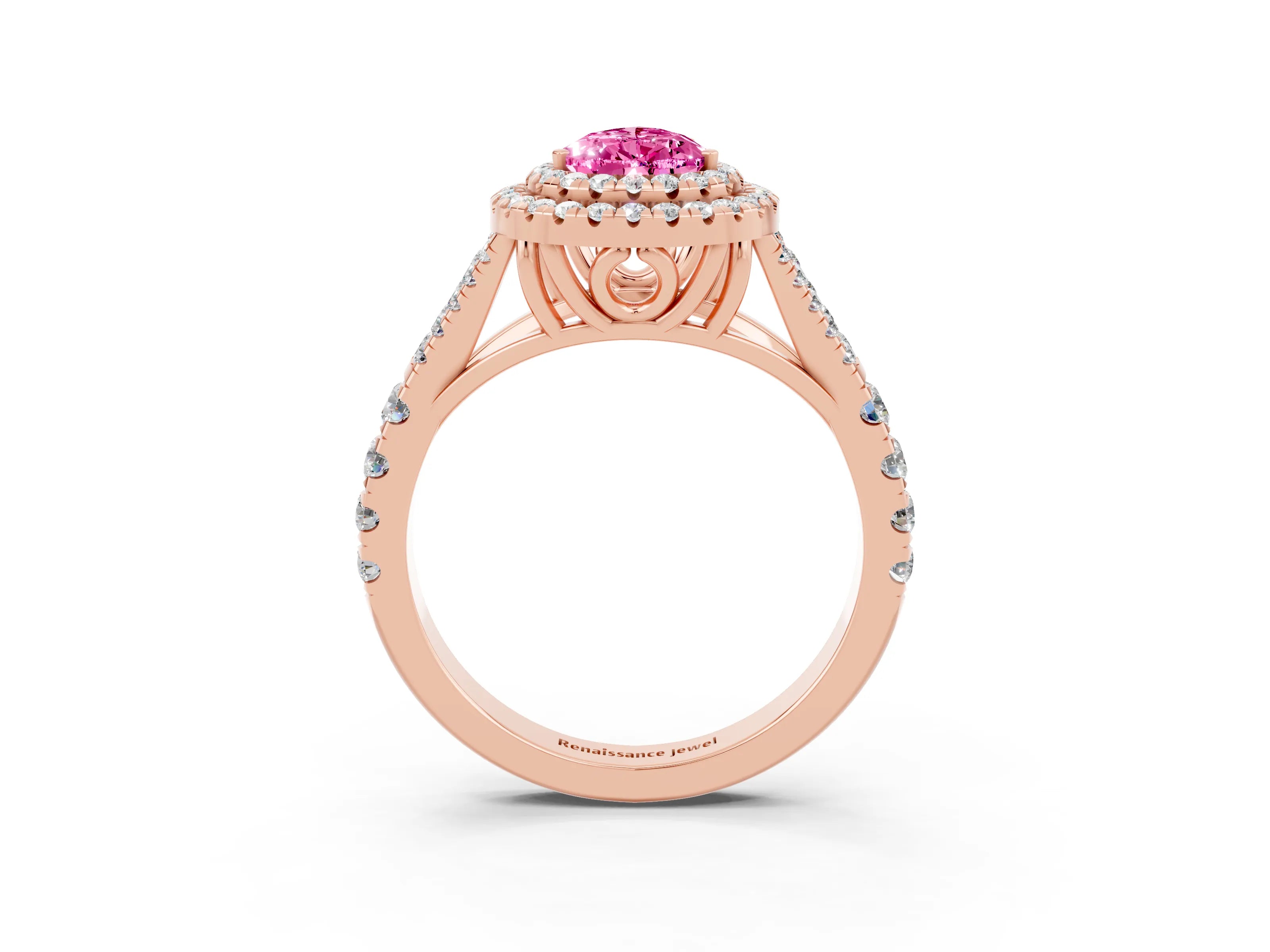Rose gold Double Halo Pear Cut Pink Sapphire Split Shank Engagement Ring with Four-Prong Setting_3