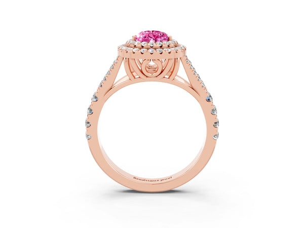Rose gold Double Halo Pear Cut Pink Sapphire Split Shank Engagement Ring with Four-Prong Setting