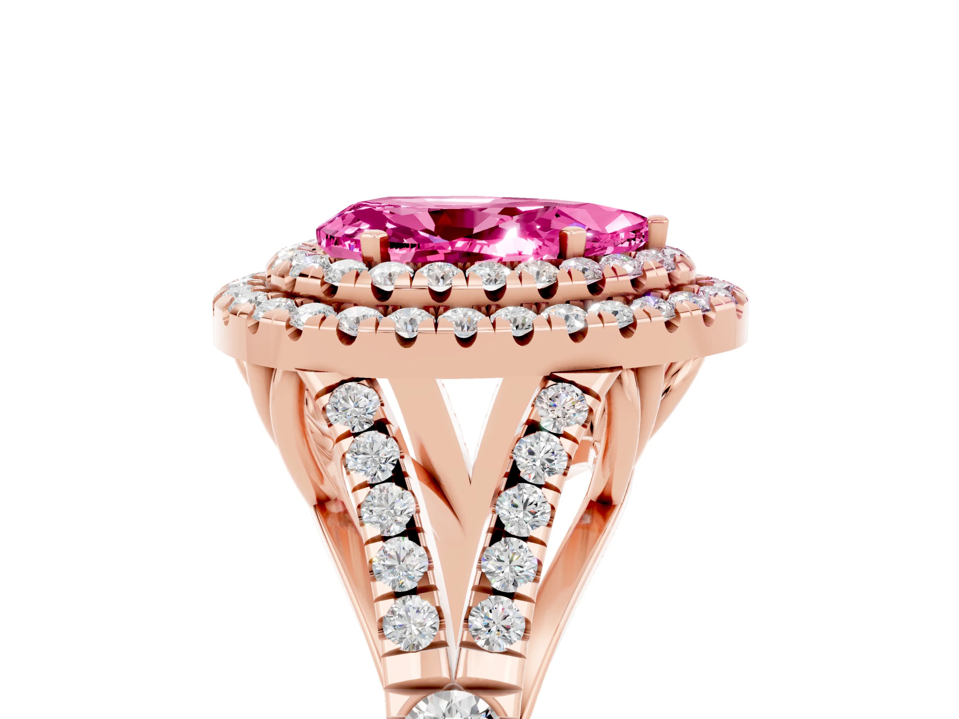 Rose gold Double Halo Pear Cut Pink Sapphire Split Shank Engagement Ring with Four-Prong Setting_5