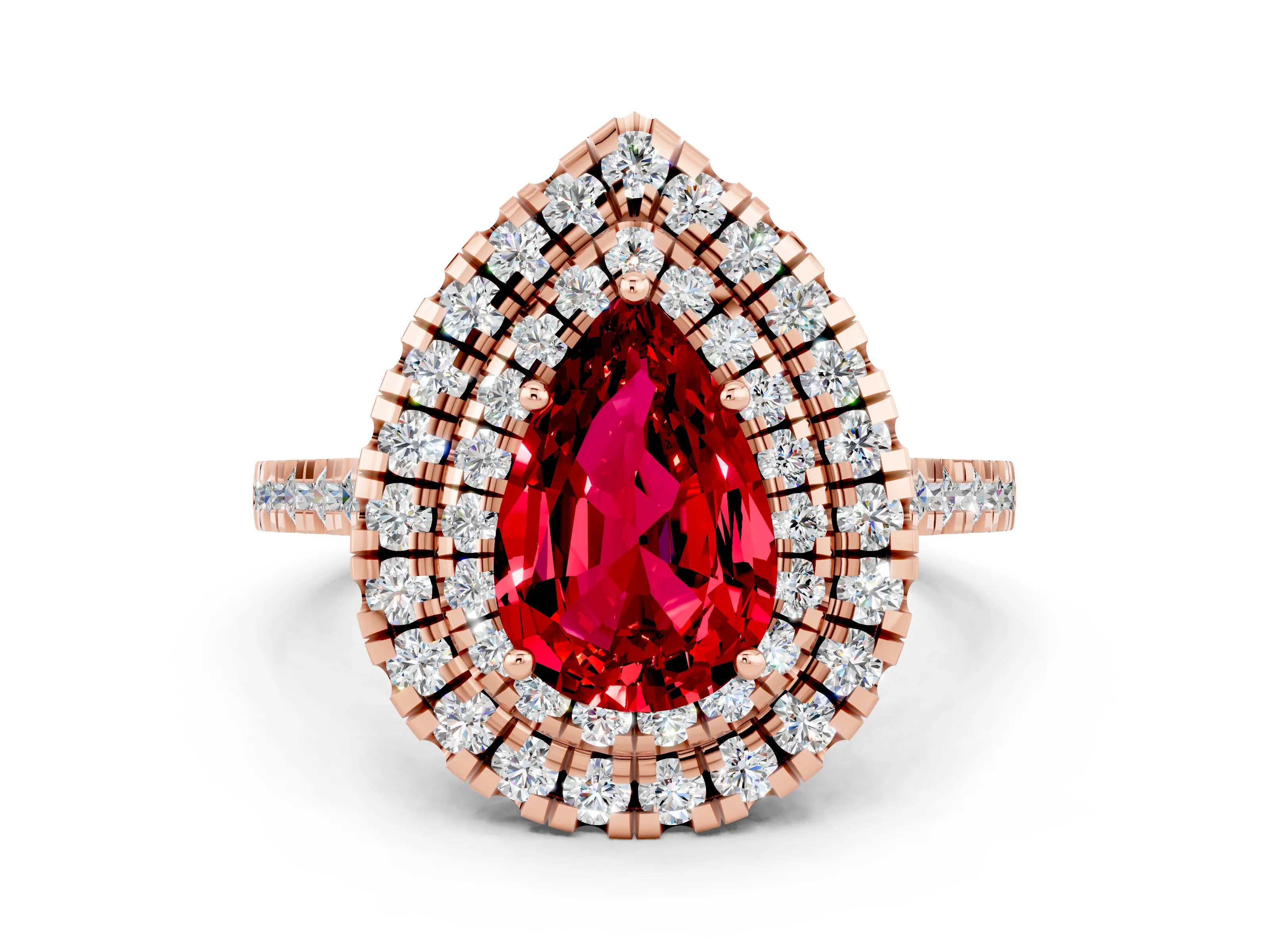 Rose gold Double Halo Pear Cut Ruby Pavé Band with Four-Prong Setting