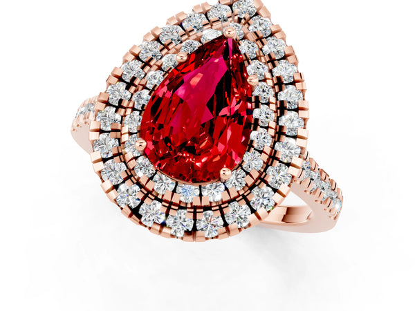 Rose gold Double Halo Pear Cut Ruby Pavé Band with Four-Prong Setting
