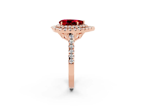 Rose gold Double Halo Pear Cut Ruby Pavé Band with Four-Prong Setting