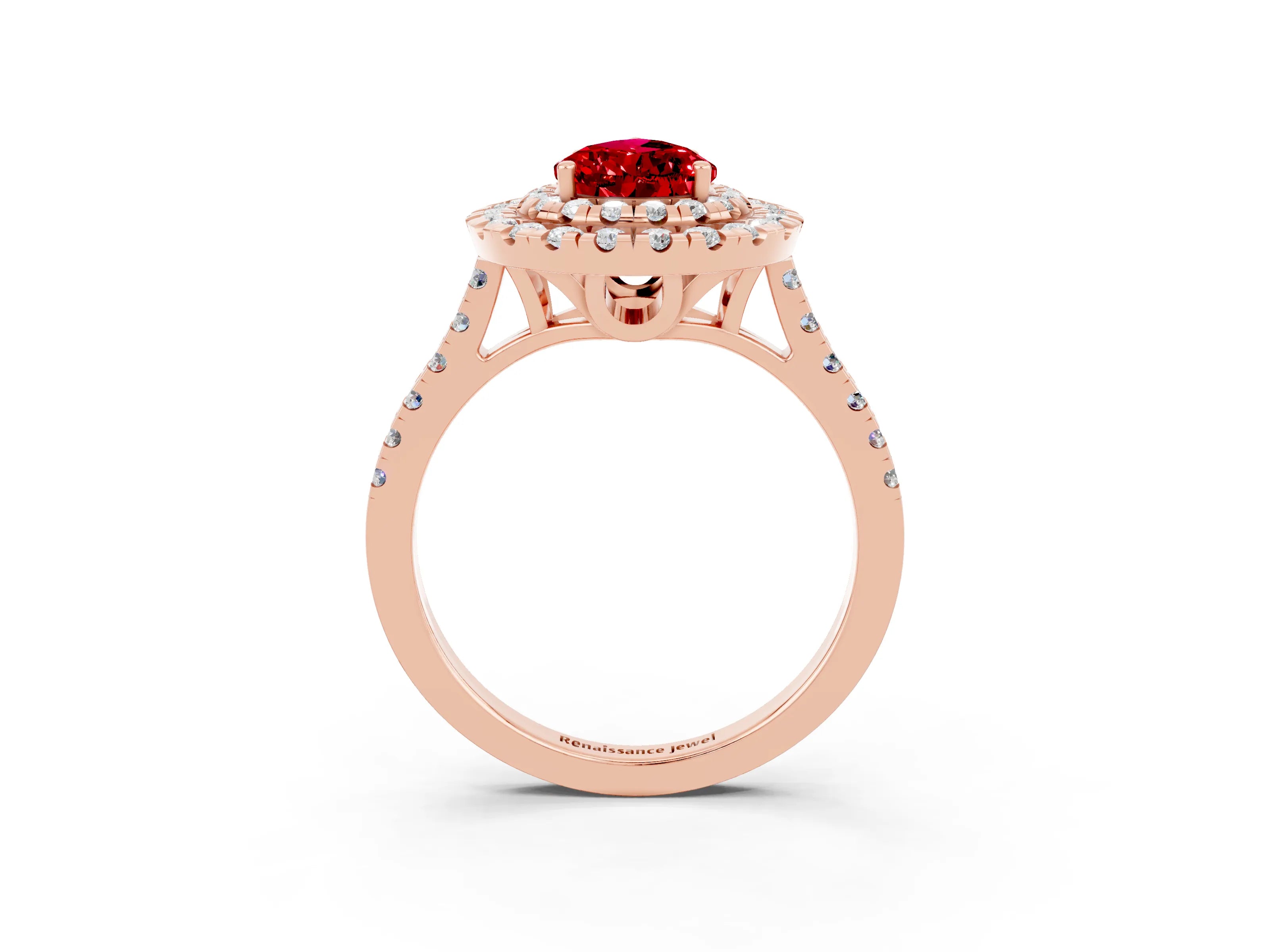 Rose gold Double Halo Pear Cut Ruby Pavé Band with Four-Prong Setting_3