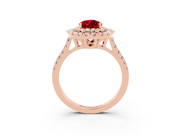Rose gold Double Halo Pear Cut Ruby Pavé Band with Four-Prong Setting