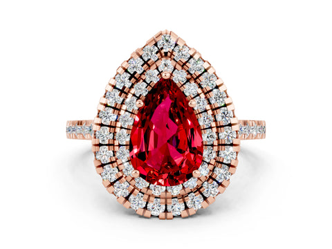 Rose gold Double Halo Pear Cut Ruby Pavé Band with Four-Prong Setting
