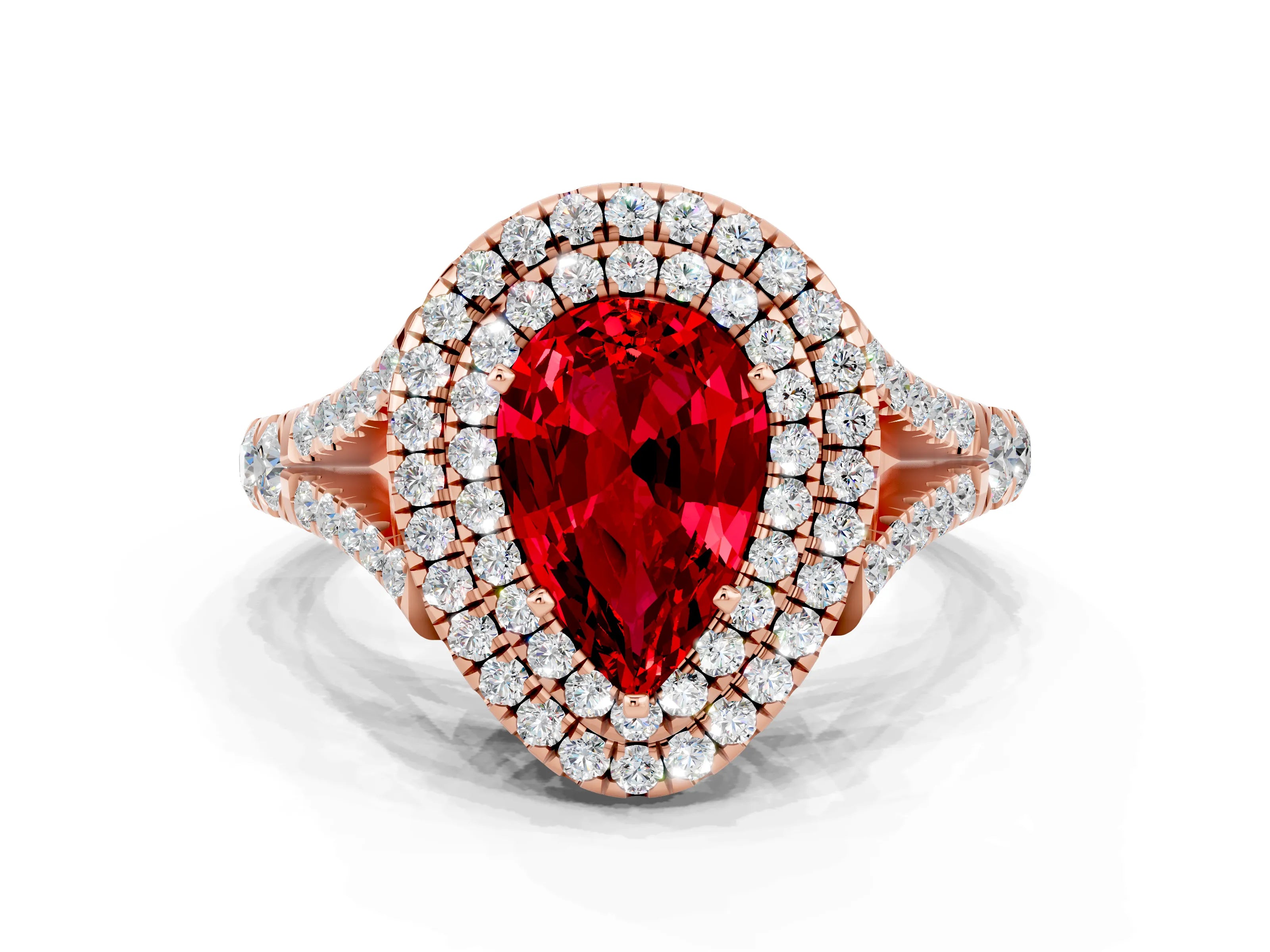 Rose gold Double Halo Pear Cut Ruby Pavé Split Shank Ring with Prong Setting