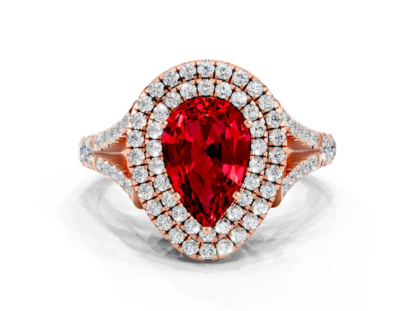 Rose gold Double Halo Pear Cut Ruby Pavé Split Shank Ring with Prong Setting