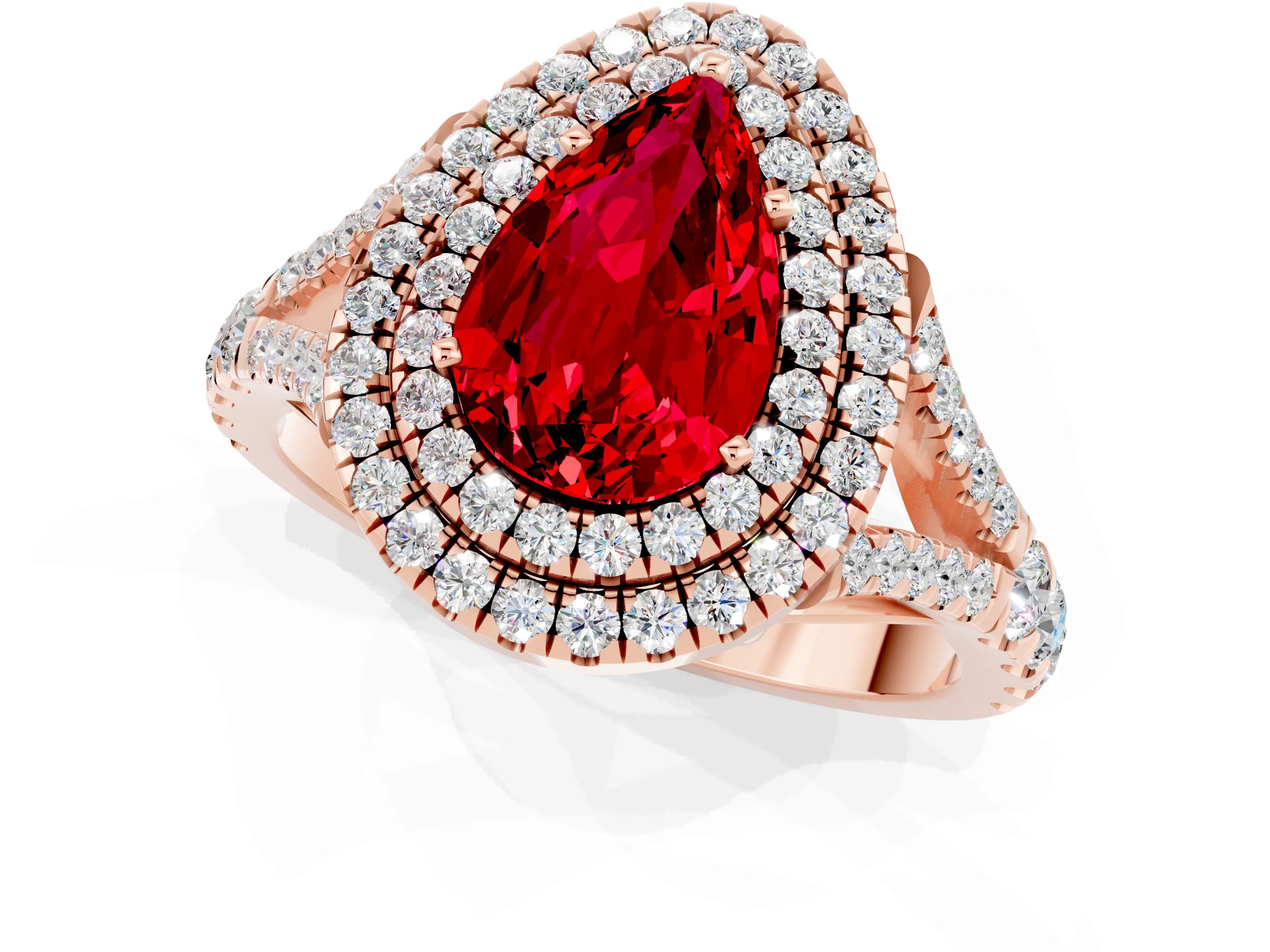 Rose gold Double Halo Pear Cut Ruby Pavé Split Shank Ring with Prong Setting_1