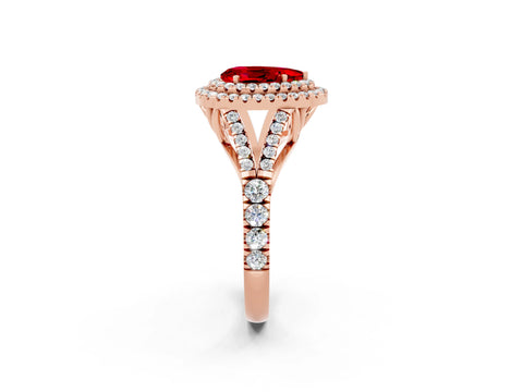 Rose gold Double Halo Pear Cut Ruby Pavé Split Shank Ring with Prong Setting_2