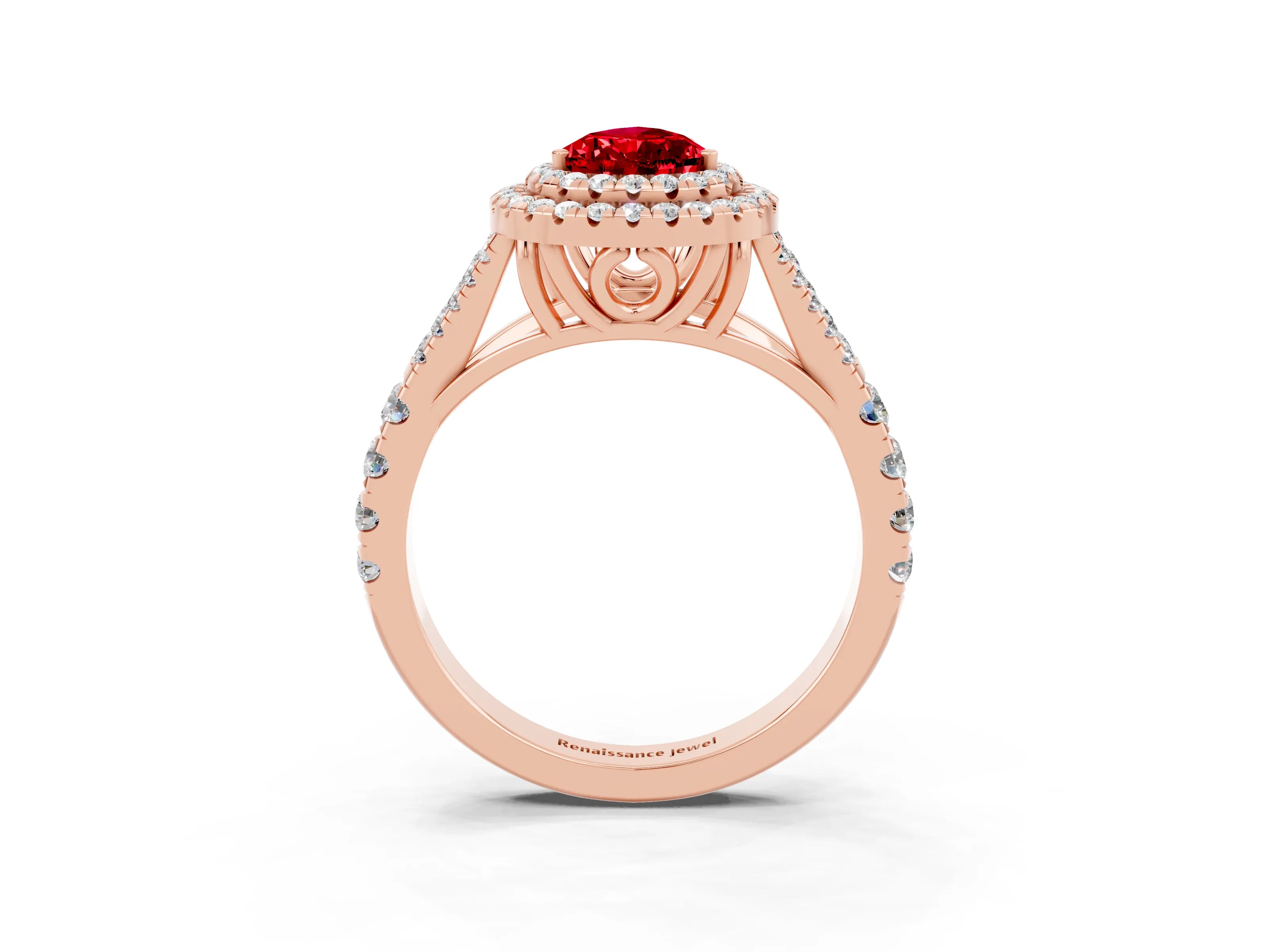 Rose gold Double Halo Pear Cut Ruby Pavé Split Shank Ring with Prong Setting_3
