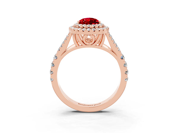 Rose gold Double Halo Pear Cut Ruby Pavé Split Shank Ring with Prong Setting