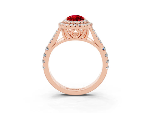 Rose gold Double Halo Pear Cut Ruby Pavé Split Shank Ring with Prong Setting_3