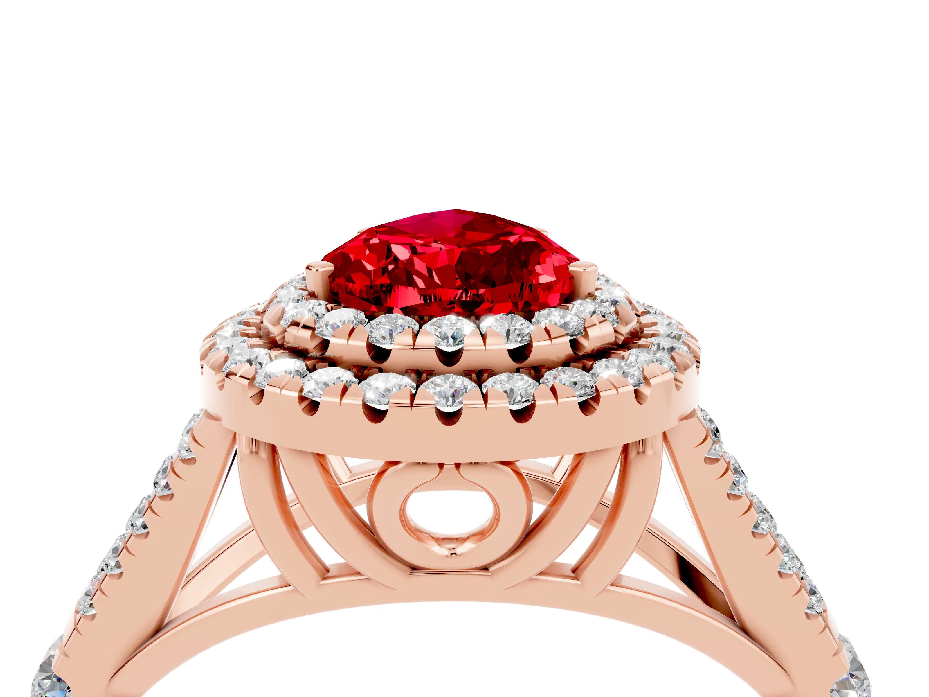 Rose gold Double Halo Pear Cut Ruby Pavé Split Shank Ring with Prong Setting_4