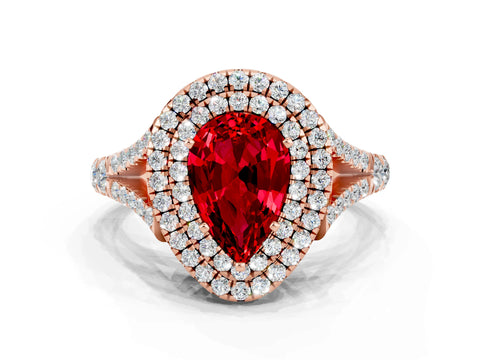 Rose gold Double Halo Pear Cut Ruby Pavé Split Shank Ring with Prong Setting