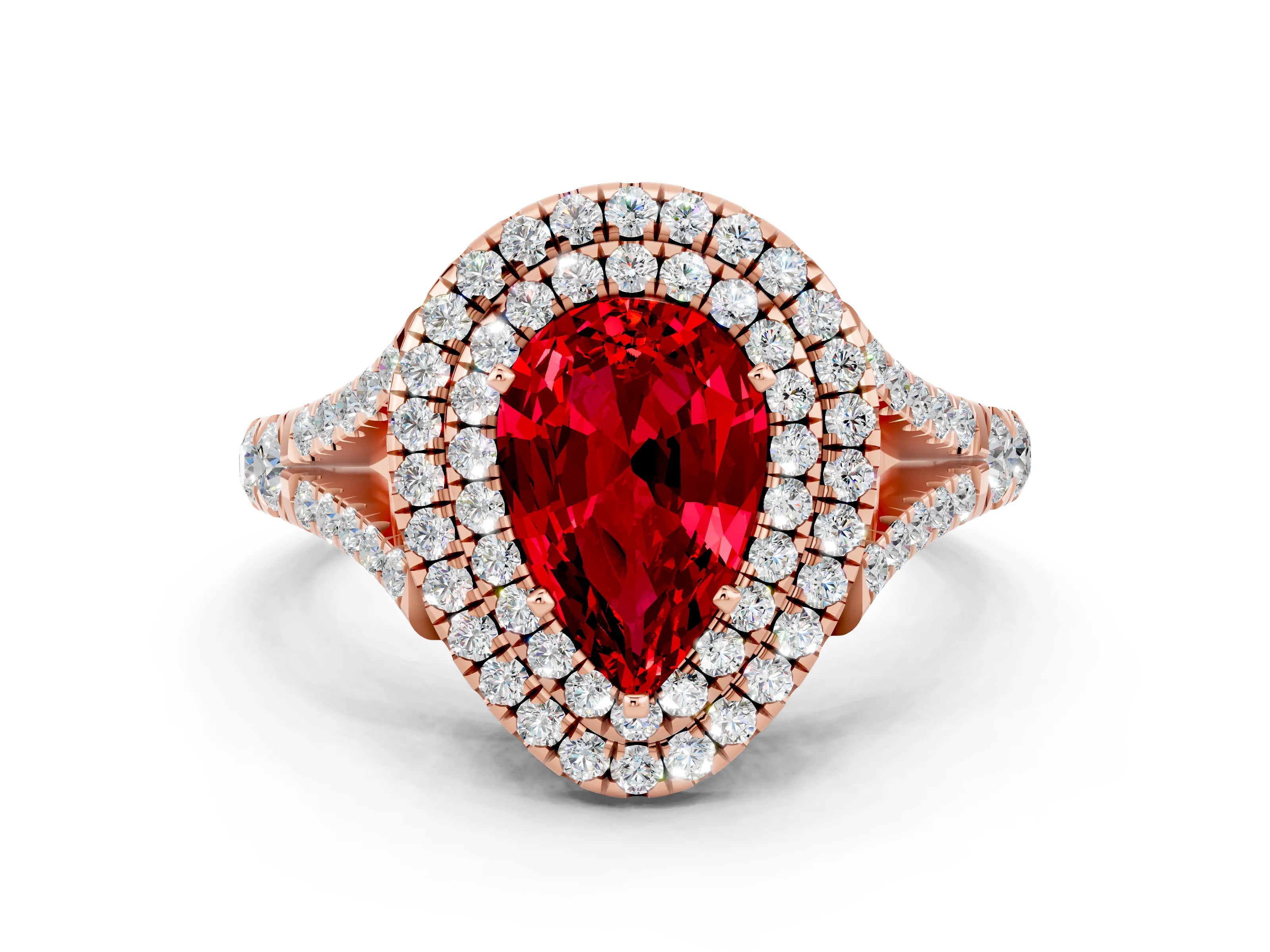 Rose gold Double Halo Pear Cut Ruby Split Shank Engagement Ring with Four-Prong Setting