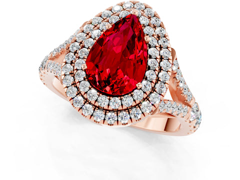 Rose gold Double Halo Pear Cut Ruby Split Shank Engagement Ring with Four-Prong Setting_1