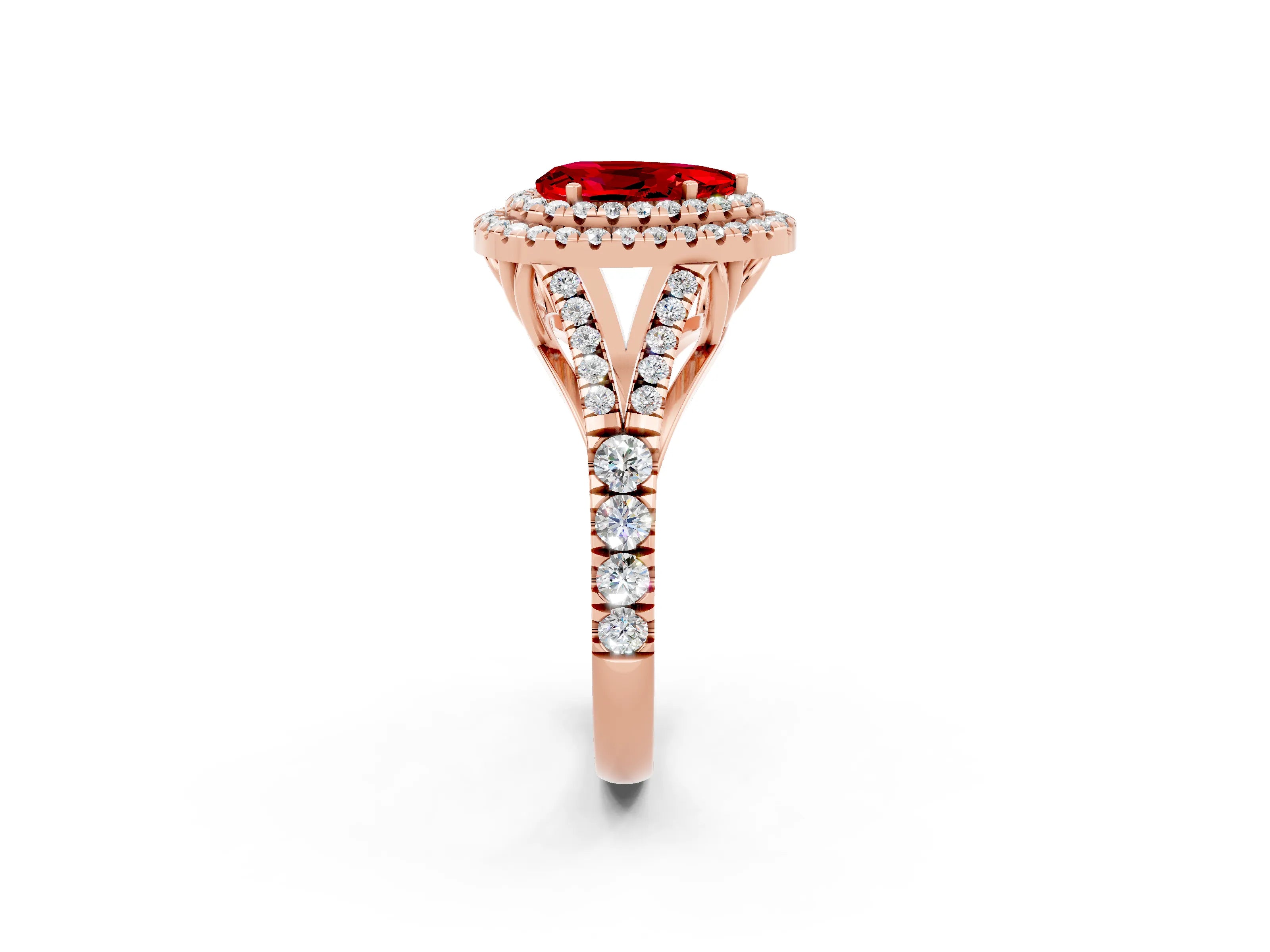 Rose gold Double Halo Pear Cut Ruby Split Shank Engagement Ring with Four-Prong Setting_2